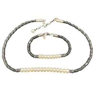 Necklace & Bracelet Set Sterling Silver Freshwater Pearls Braided Black Leather